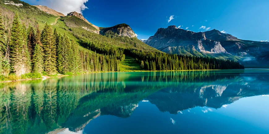 Skoven spejler sig i søen ved Emerald Lake