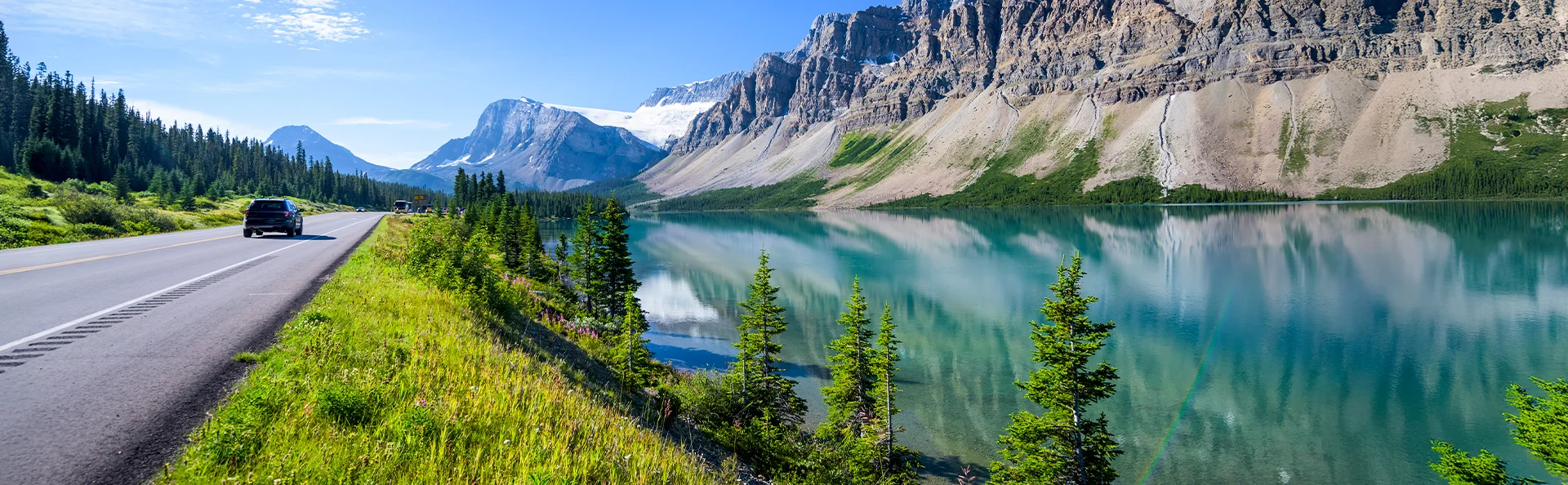 Bow Lake nær Icefields Parkway, Banff, Rocky Mountains, Alberta, Canada